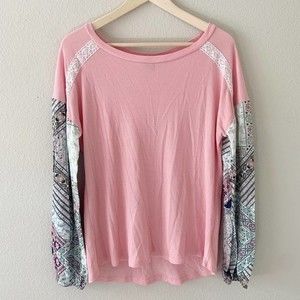 ALYA Mixed Media Pink Paisley Print Sleeves Waffle Blouse Size Medium